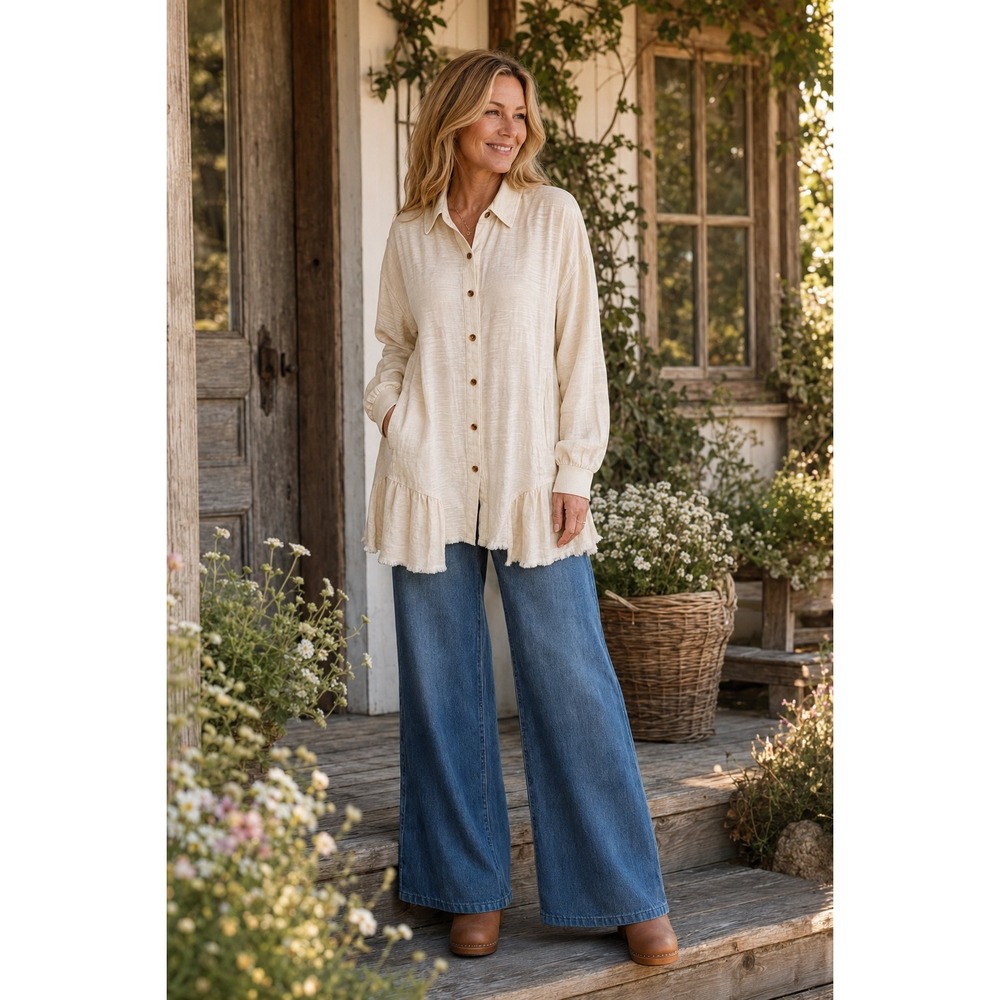 TALULAH Cream Button-Front Ruffle Hem Tunic